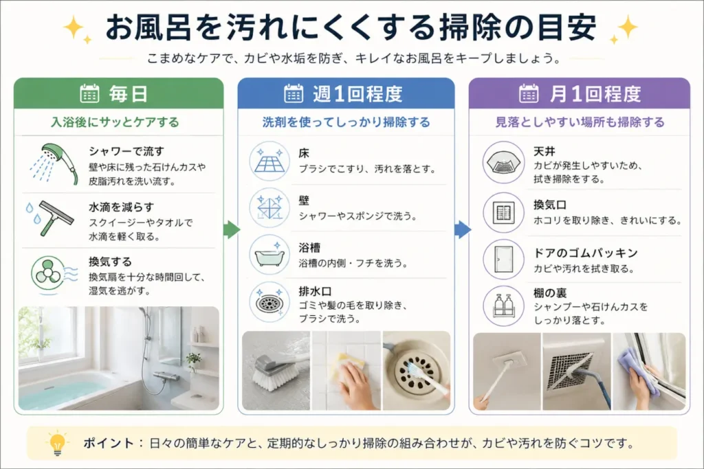 お風呂掃除の目安を、毎日・週1回程度・月1回程度に分けてまとめた図解