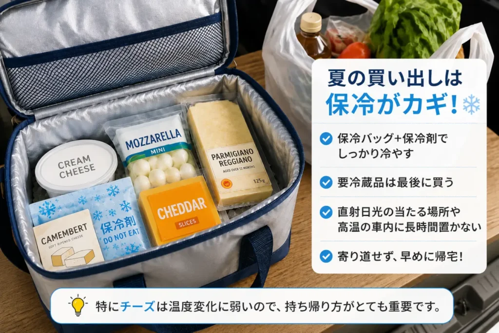 夏にチーズを持ち帰る際の保冷方法。保冷バッグと保冷剤を使い、要冷蔵品を最後に購入して高温の車内や直射日光を避けるポイントを紹介