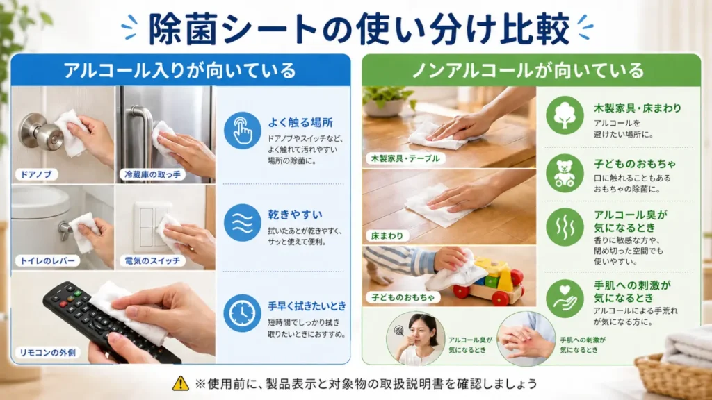 アルコール入りとノンアルコール除菌シートの使い分けを、使用場所や特徴ごとに比較した画像