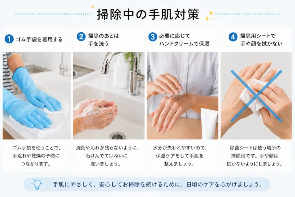 掃除中の手肌対策として、ゴム手袋・手洗い・保湿・掃除用シートで手を拭かないことを示した画像