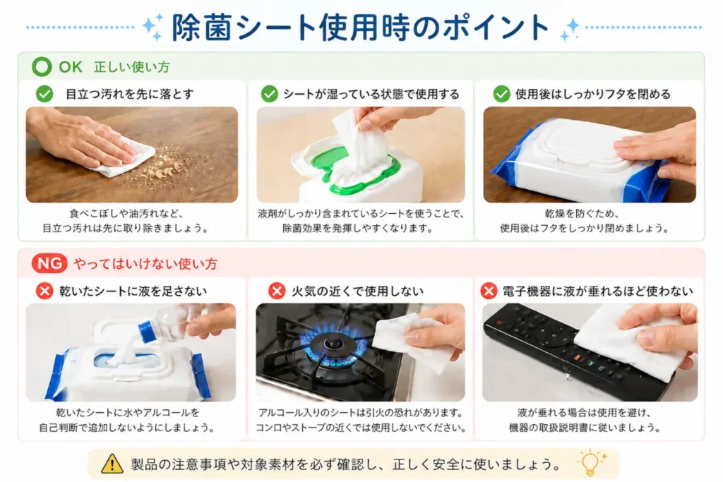 除菌シート使用時の正しい使い方とNG例を、汚れ・乾燥・火気・電子機器への注意とともに示した画像