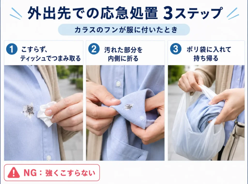 カラスのフンが服に付いた時に、ティッシュでつまみ取り、汚れた部分を内側に折ってポリ袋に入れる外出先での応急処置3ステップ