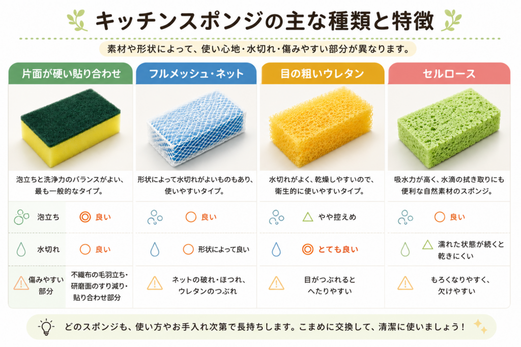片面が硬い貼り合わせ、フルメッシュ・ネット、目の粗いウレタン、セルロースのスポンジ4種類の特徴比較