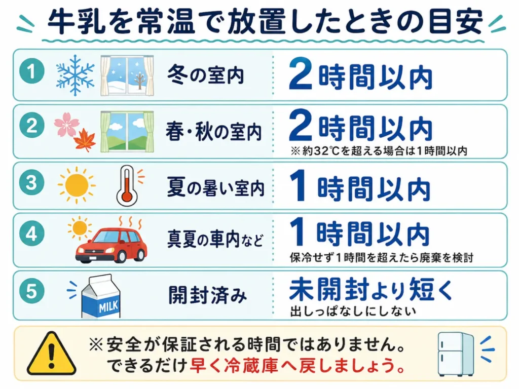 牛乳を常温で放置した場合の目安を、冬・春秋・夏・真夏の車内・開封済みで比較した図