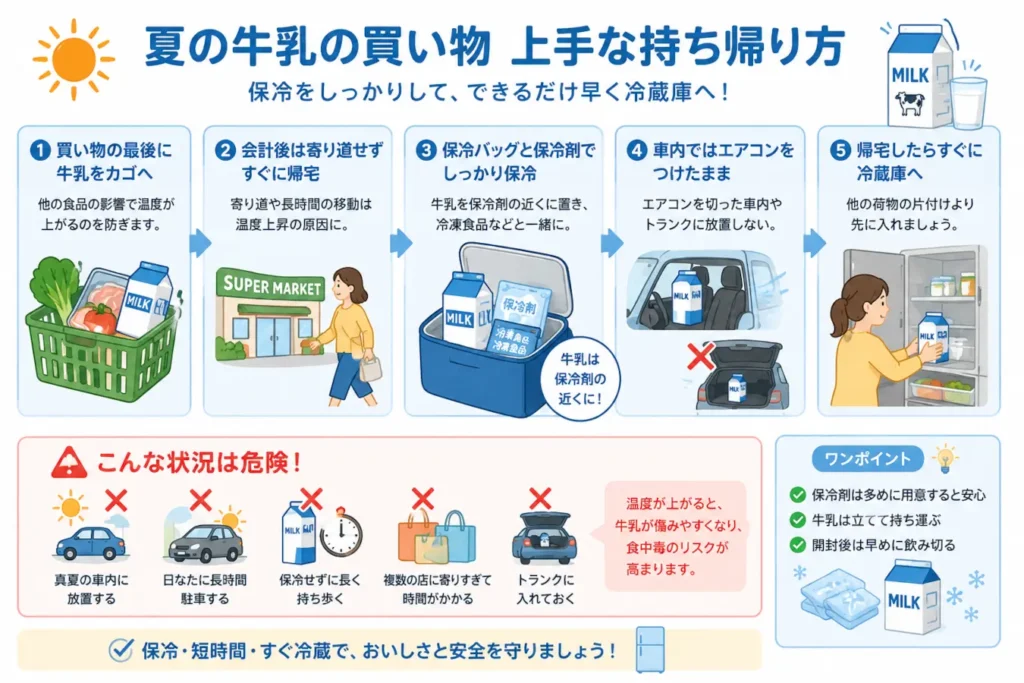 夏に牛乳を買うときの持ち帰り方を、保冷剤や保冷バッグ、車内での注意点とともにまとめた図