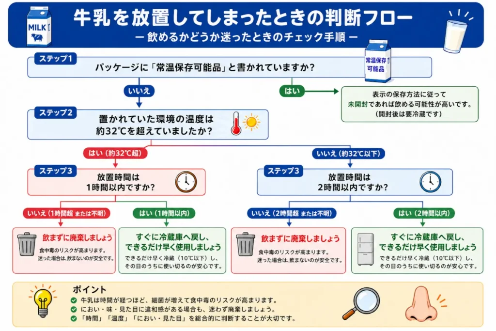 牛乳を放置したときに、保存表示・周囲の温度・放置時間から飲めるかを判断するフローチャート