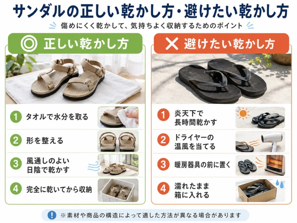 サンダルの正しい乾かし方と、炎天下・ドライヤー・暖房器具など避けたい乾かし方を比較した画像