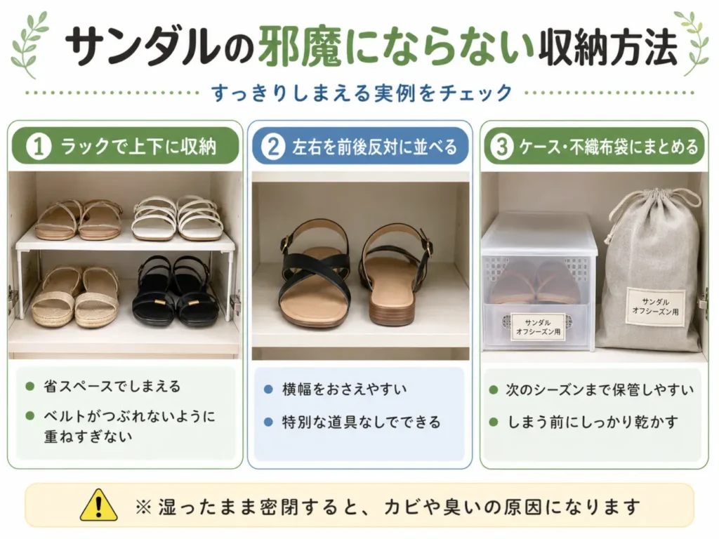 サンダルをラックで上下収納する方法、前後反対に並べる方法、ケースや不織布袋にしまう方法を紹介した画像