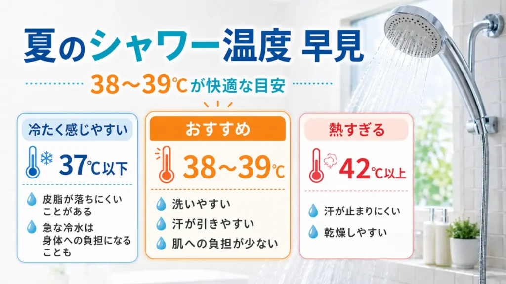 夏のシャワー温度の目安を、37℃以下・38～39℃・42℃以上で比較した早見表