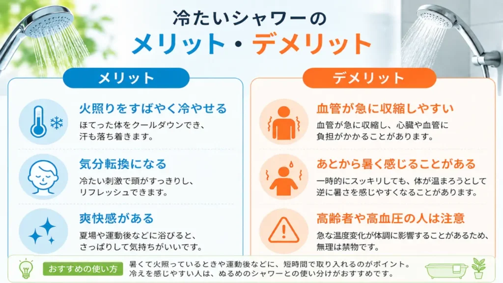 冷たいシャワーのメリットとデメリットを比較した図。爽快感や気分転換、急な血管収縮などの注意点を紹介