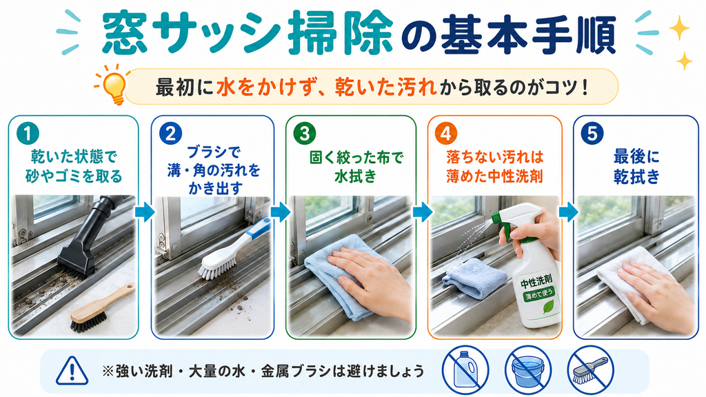 窓サッシ掃除の基本手順。乾いたゴミの除去、ブラシ掃除、水拭き、中性洗剤、乾拭きの5ステップを示した図