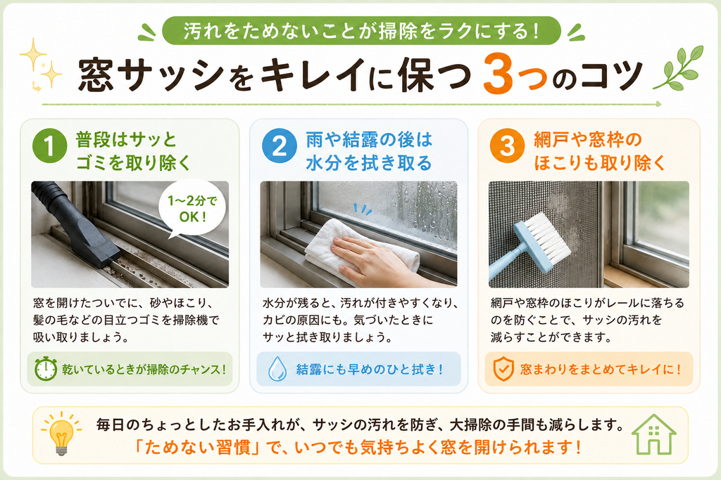 窓サッシをきれいに保つ3つのコツ。普段のゴミ取り、雨や結露後の水分拭き取り、網戸や窓枠のほこり除去を紹介する図