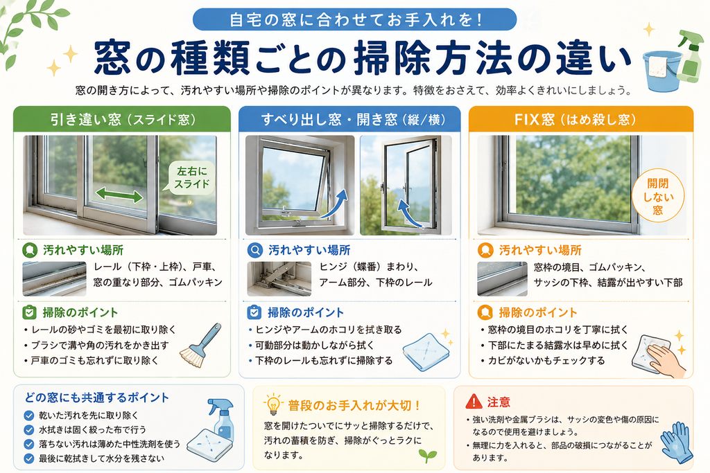 引き違い窓、すべり出し窓・開き窓、FIX窓の汚れやすい場所と掃除方法の違いを比較した図