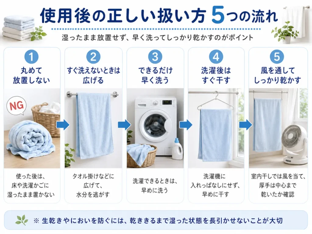 バスタオル使用後の正しい扱い方5つの流れ。濡れたまま放置せず、早めに洗って風を通し十分に乾かす方法