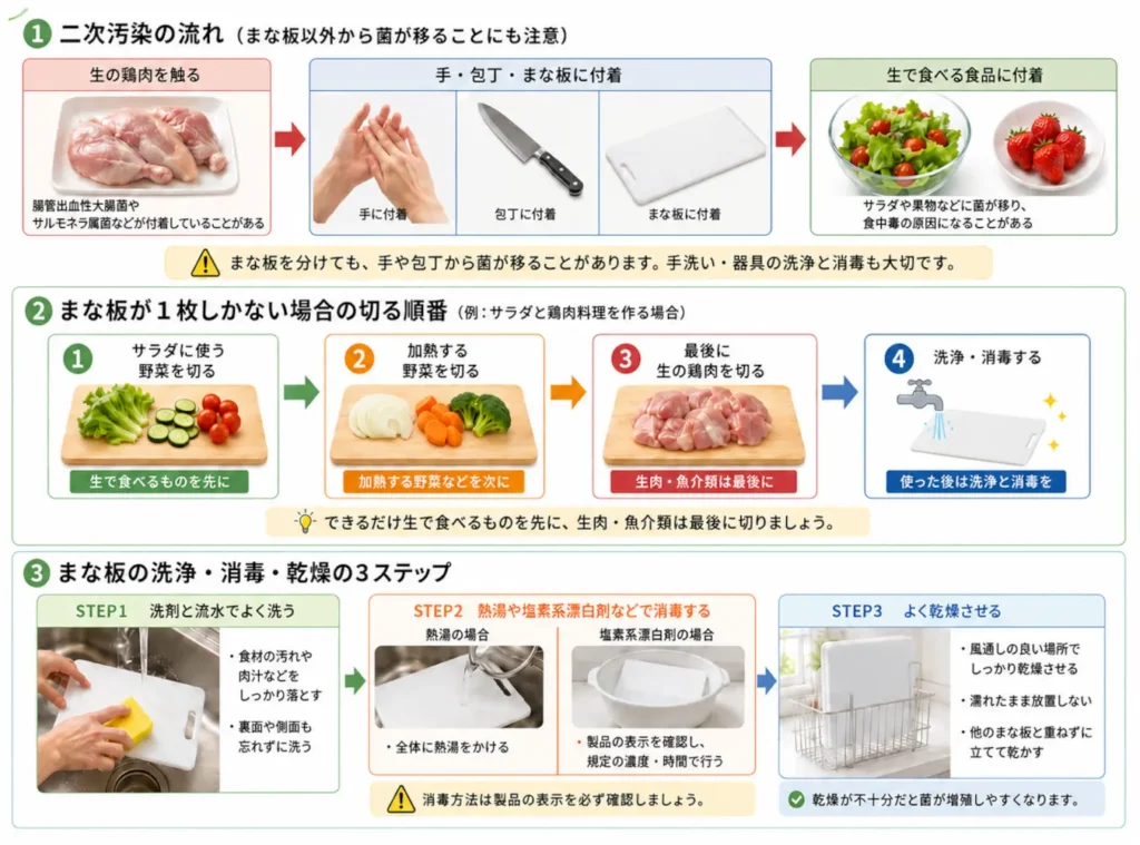 生の鶏肉から手・包丁・まな板を介して菌が生食する食品へ移る流れと、まな板の洗浄・消毒・乾燥手順を示した図解