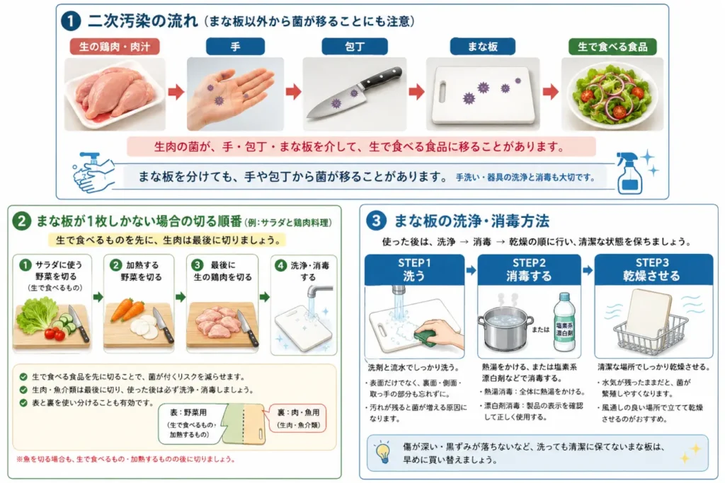 まな板が1枚しかない場合の食材を切る順番と、洗浄・消毒・乾燥の方法を示した図解