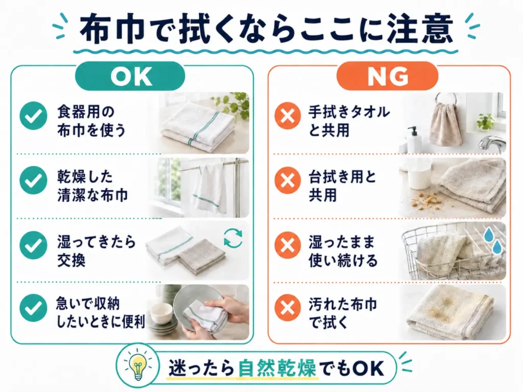 食器を布巾で拭くときのOK・NG例。清潔で乾いた食器用布巾を使い、手拭きや台拭きとの共用、湿った布巾の使用を避ける