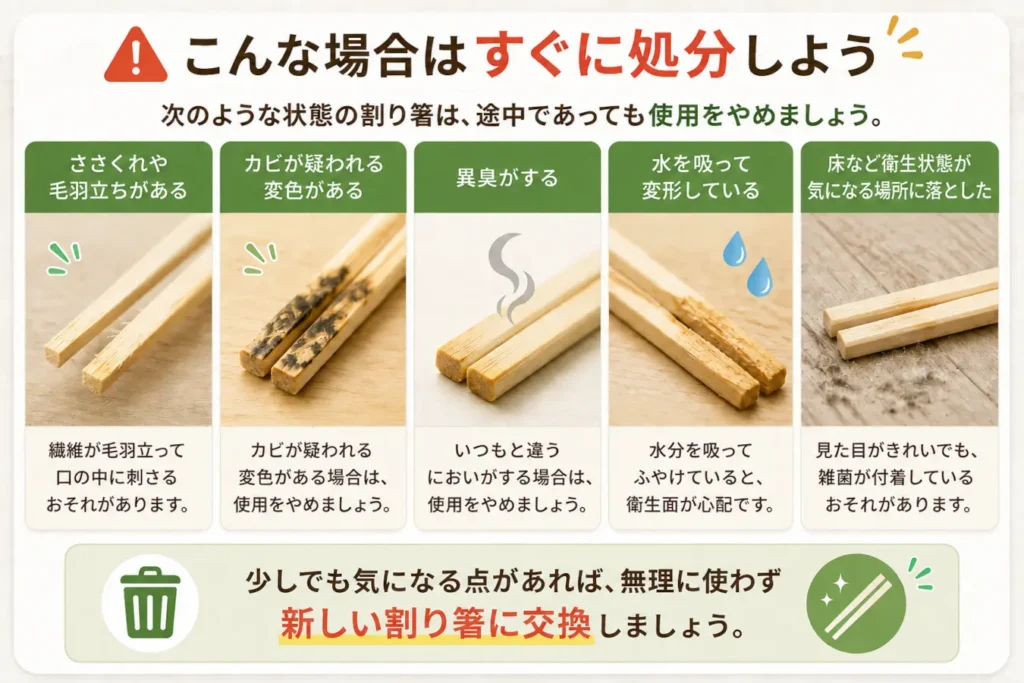 ささくれや変色、異臭、変形など割り箸を処分したほうがよい状態を示した図