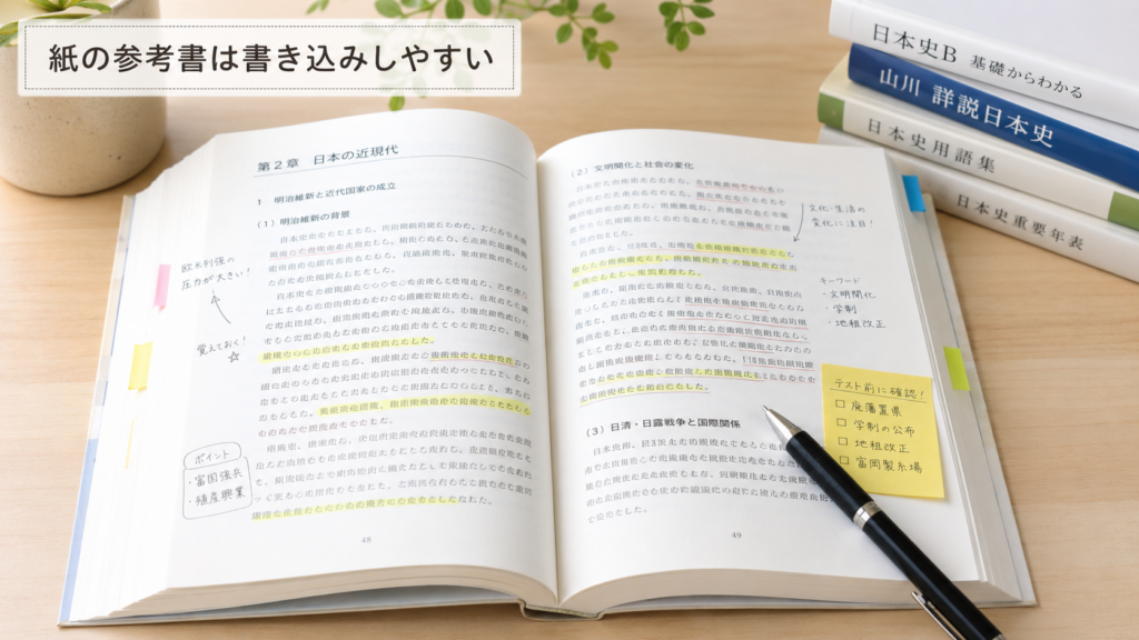 マーカーやメモ、付箋を書き込んだ紙の参考書