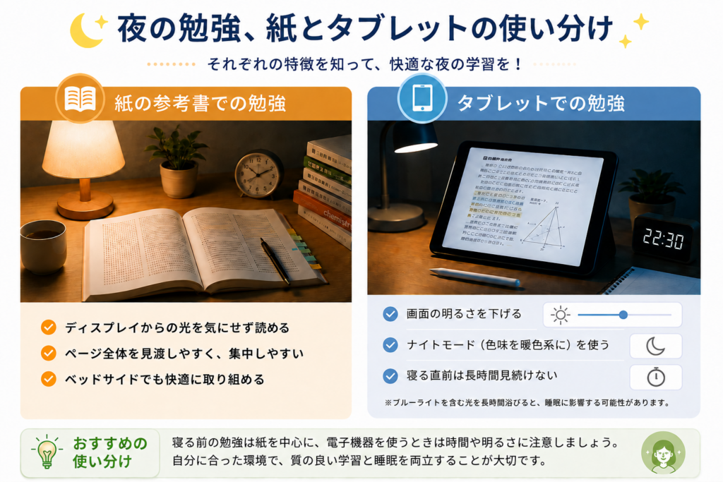 夜の勉強で紙の参考書とタブレットを使い分けるポイントを比較した図解