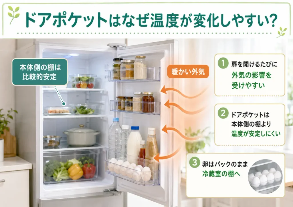冷蔵庫のドアポケットは外気の影響で温度が安定しにくく、卵はパックのまま本体側の棚へ保存することを示す図