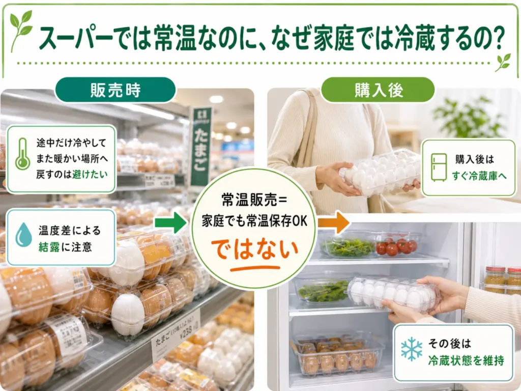 スーパーで常温販売されている卵と購入後の保存を比較し、温度差による結露を避けて家庭では冷蔵することを示す図