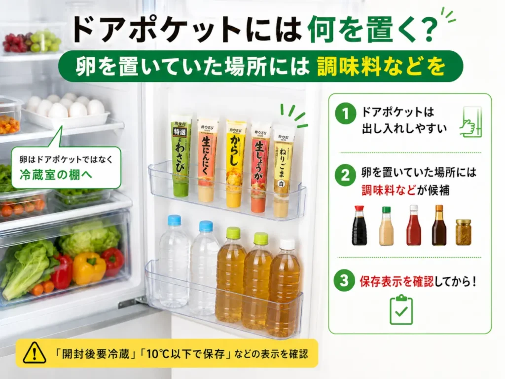 卵を冷蔵室の棚へ移し、空いたドアポケットに調味料や飲料を保存表示を確認して収納する例