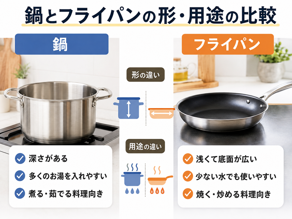 鍋とフライパンの形や用途の違いを比較した図。鍋は深く煮る・茹でる料理向き、フライパンは浅く底面が広く焼く・炒める料理向き