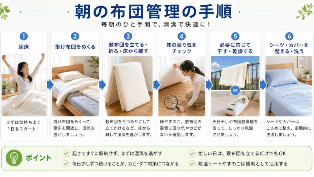 起床後に掛け布団をめくり、敷布団を床から離し、床の湿り気を確認して干す・乾燥させる朝の布団管理手順