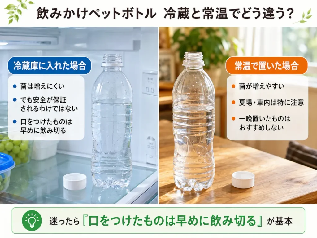 飲みかけのペットボトルを冷蔵した場合と常温で置いた場合の違いを比較した図解