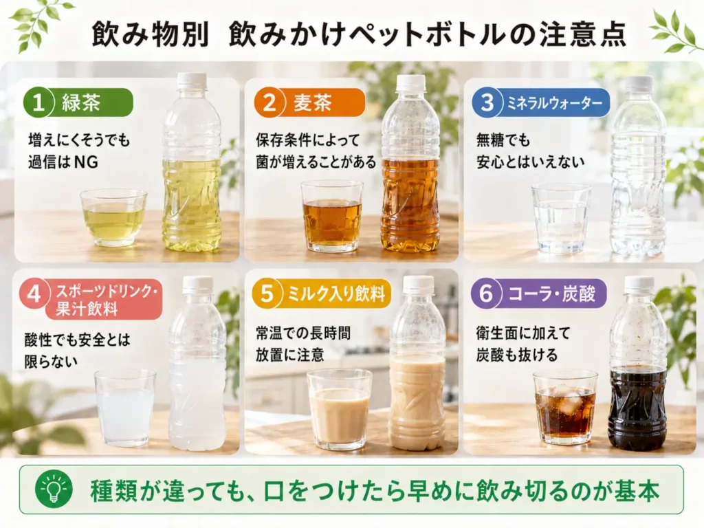 緑茶・麦茶・水・スポーツドリンク・ミルク入り飲料・炭酸飲料の飲みかけ保存時の注意点をまとめた図解