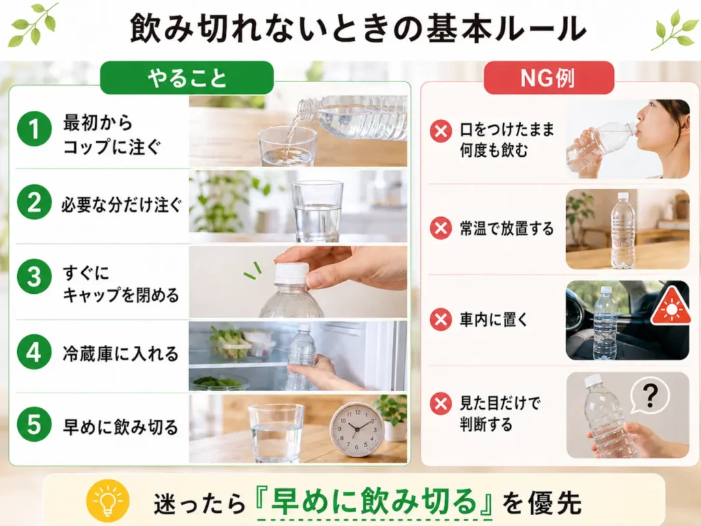 飲み切れないペットボトルの保存方法と、常温放置や車内放置など避けたい行動をまとめた図解