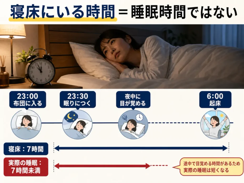 寝床に7時間いても、寝つくまでの時間や途中覚醒があると実際の睡眠時間は短くなることを示した図
