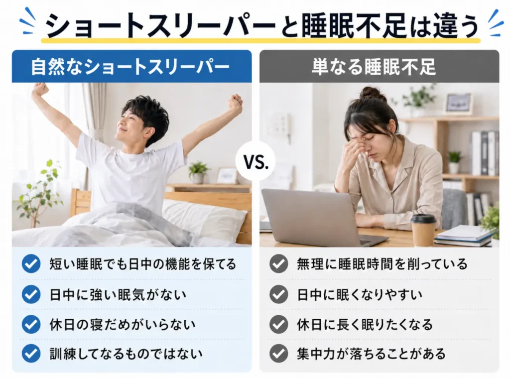 自然なショートスリーパーと単なる睡眠不足の違いを比較した図