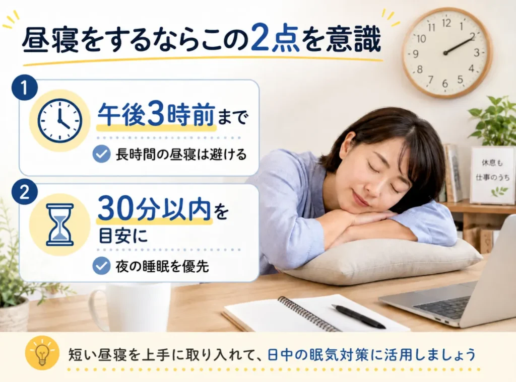 昼寝は午後3時前まで・30分以内を目安にするポイントを示した図