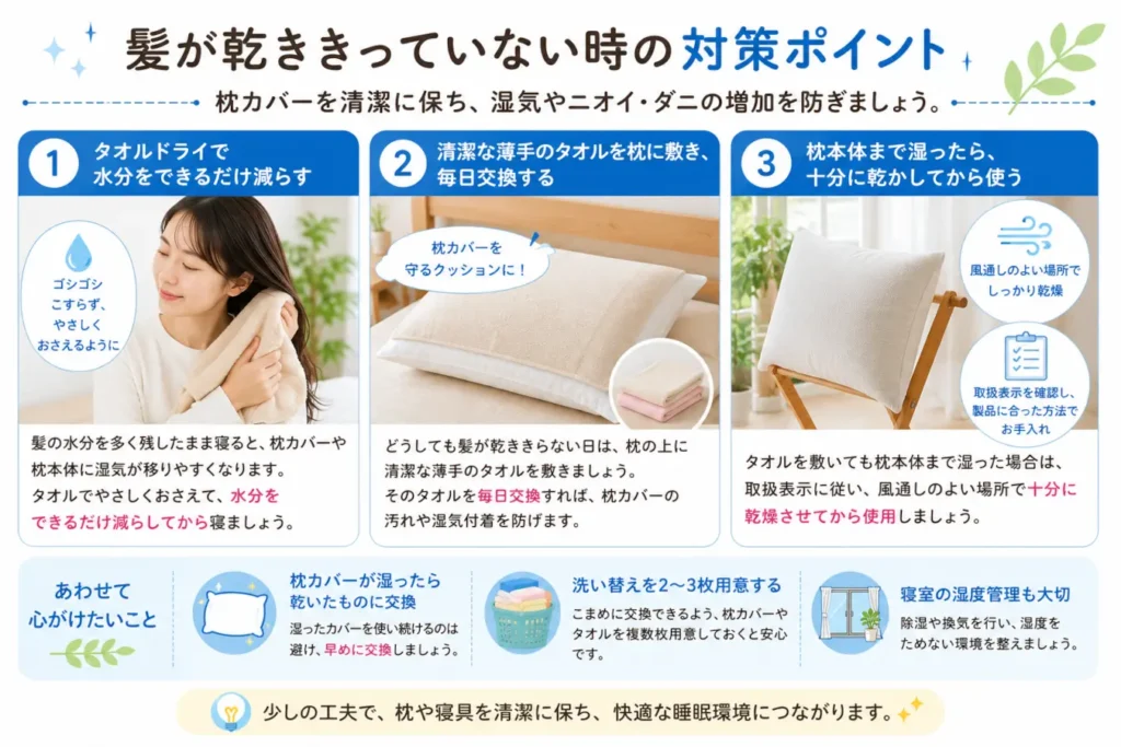 髪が乾ききっていない状態で寝るときの枕カバーと枕の湿気対策をまとめた図