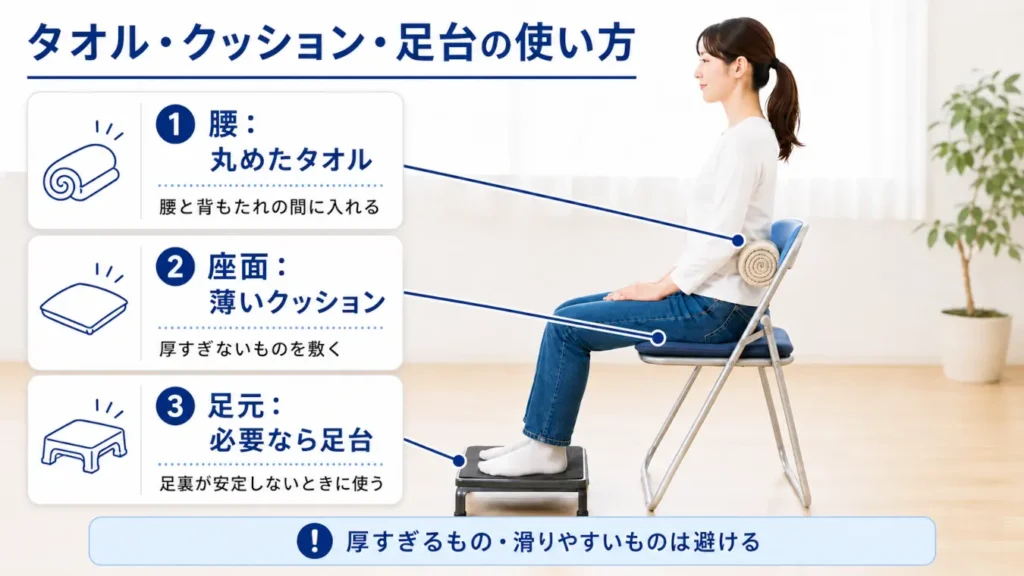 パイプ椅子で丸めたタオル・薄いクッション・足台を使って腰への負担を減らす方法