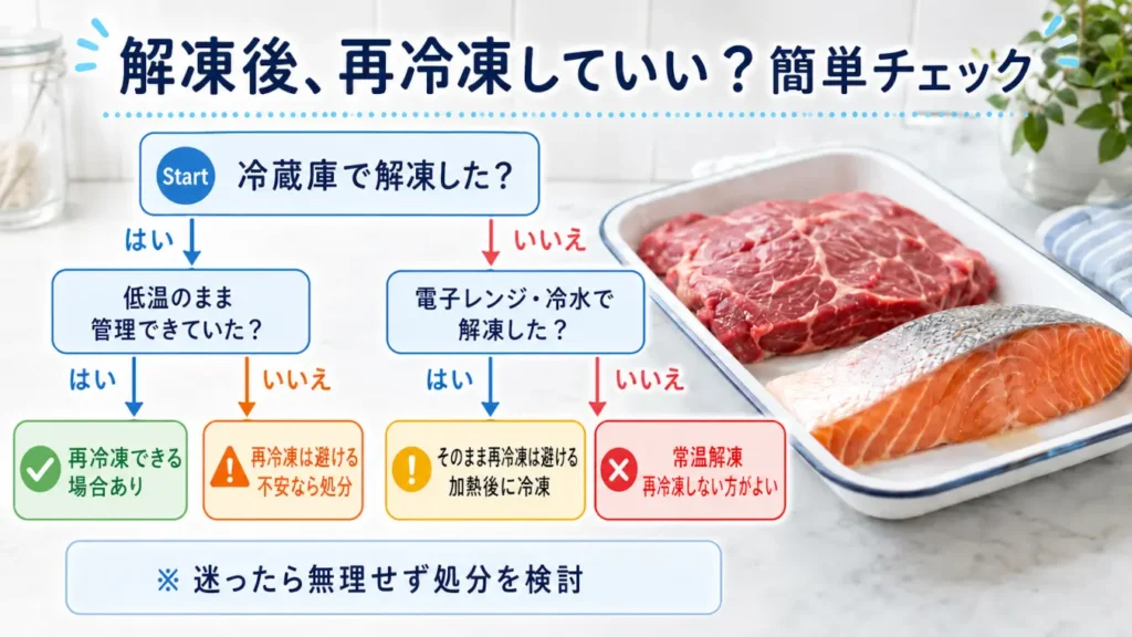 一度解凍した肉や魚を再冷凍できるか、冷蔵庫・電子レンジ・冷水・常温の解凍方法別に判断するフローチャート