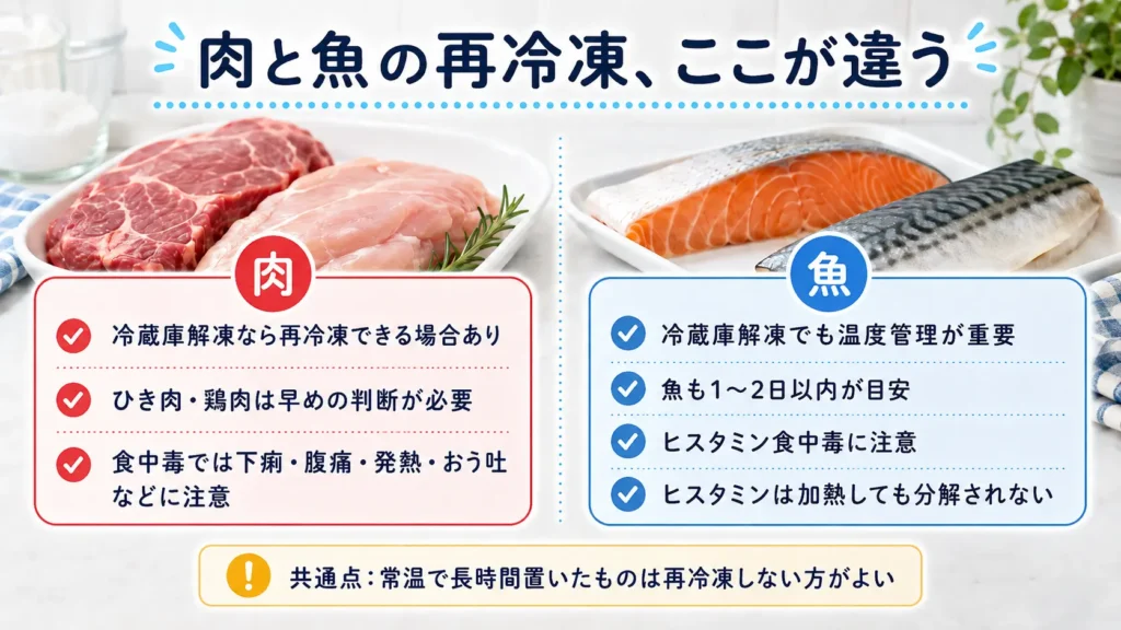 肉と魚を再冷凍する際の違いを、保存期間や食中毒、ヒスタミンの注意点とともに比較した図