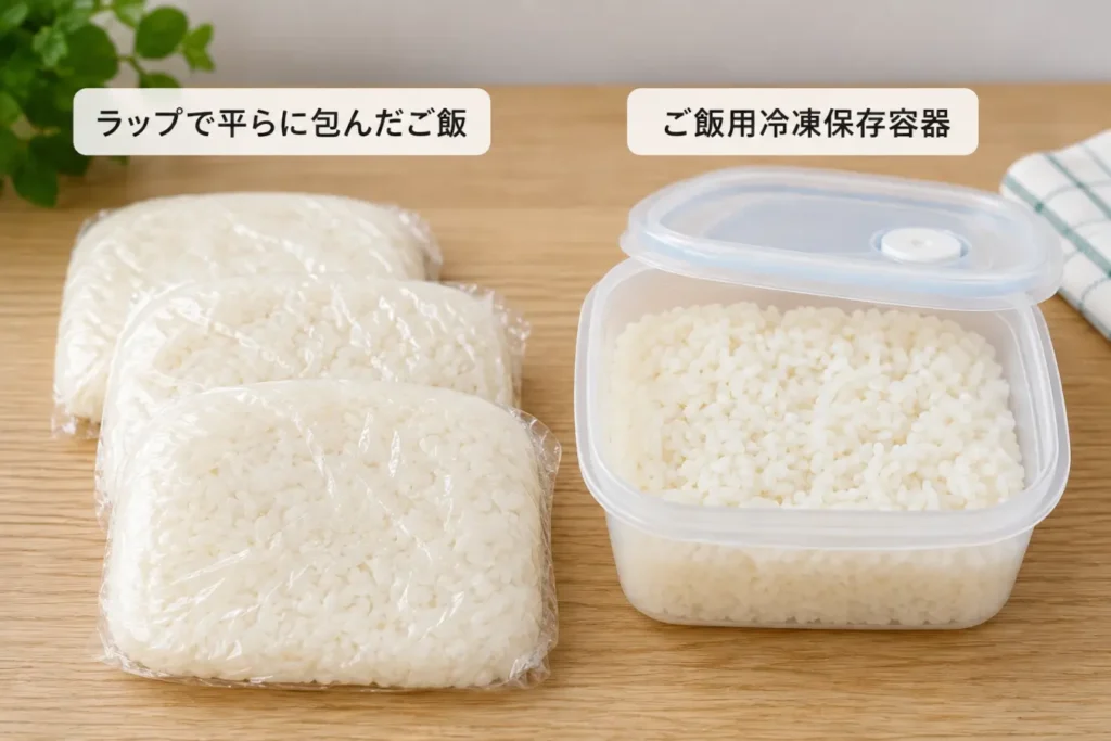 ラップで平らに包んだご飯と、ご飯用の冷凍保存容器