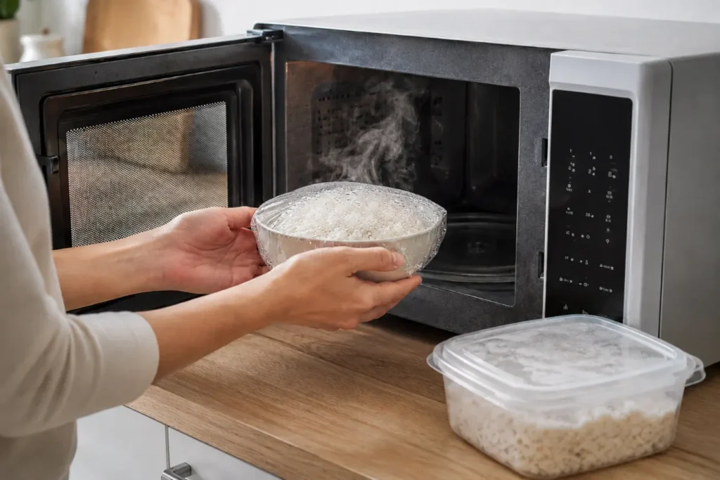 電子レンジで再加熱したラップ付きのご飯を取り出す様子