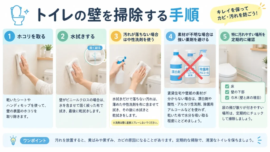 トイレの壁を掃除する5つの手順。ホコリ取り、水拭き、中性洗剤の使用、素材不明の場合の注意点、汚れやすい場所の確認方法を紹介