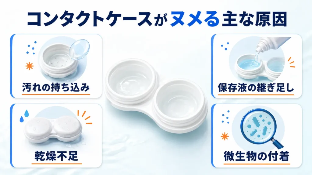 コンタクトケースがヌメる主な原因を示す図解。レンズからの汚れの持ち込み、保存液の継ぎ足し、乾燥不足、微生物の付着を紹介