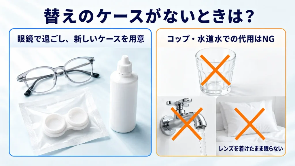 コンタクトケースの替えがない場合の対応を示す図解。眼鏡で過ごして新しいケースを用意し、コップや水道水での代用、レンズを着けたまま眠ることを避ける方法