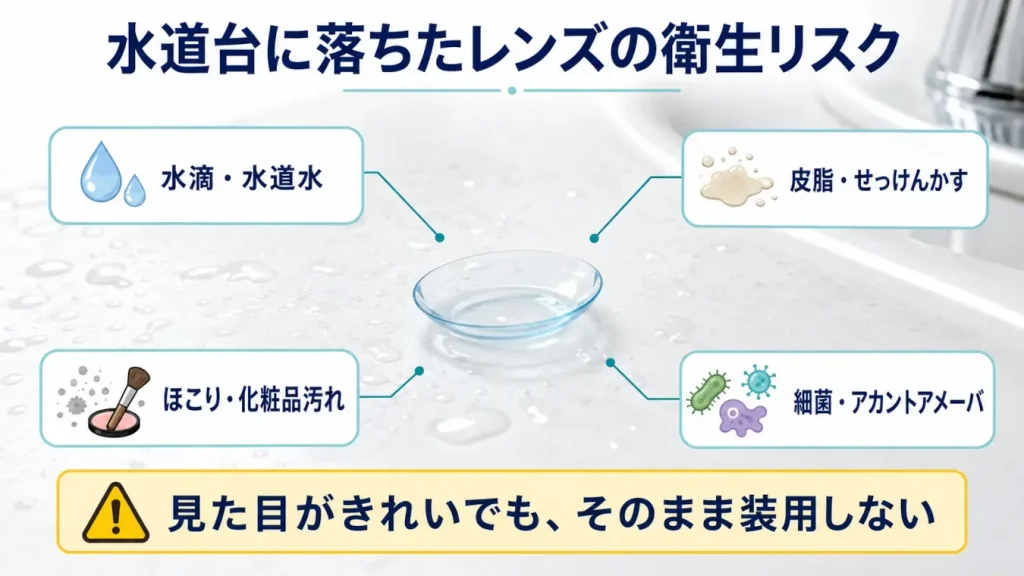 水道台に落ちたコンタクトレンズに水滴、せっけんかす、ほこり、化粧品汚れ、細菌やアカントアメーバなどが付着する衛生リスクを示した図