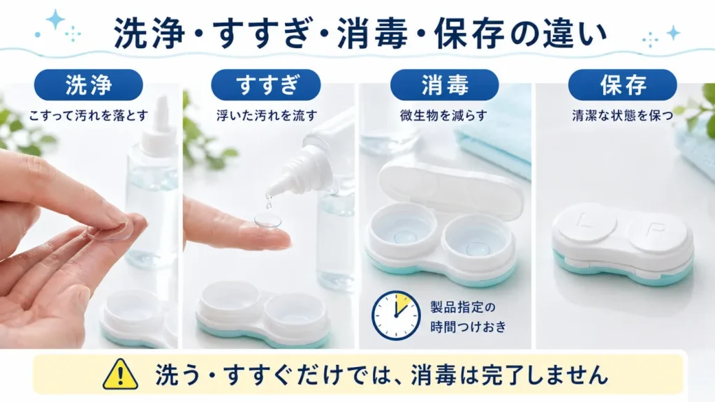 コンタクトレンズの洗浄、すすぎ、消毒、保存の役割の違いを示した図