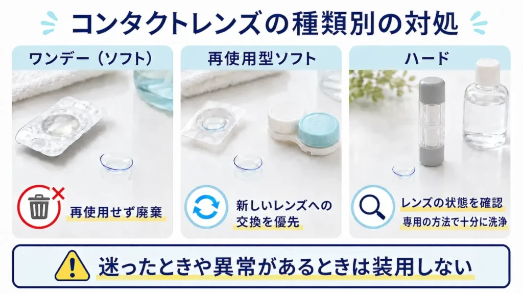 ワンデーソフト、再使用型ソフト、ハードコンタクトレンズを種類別に、水道台へ落とした場合の対処方法を比較した図