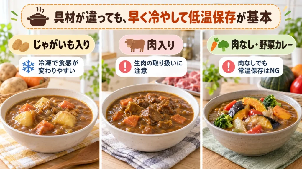 じゃがいも入り・肉入り・野菜カレーの保存上の注意点を比較した画像