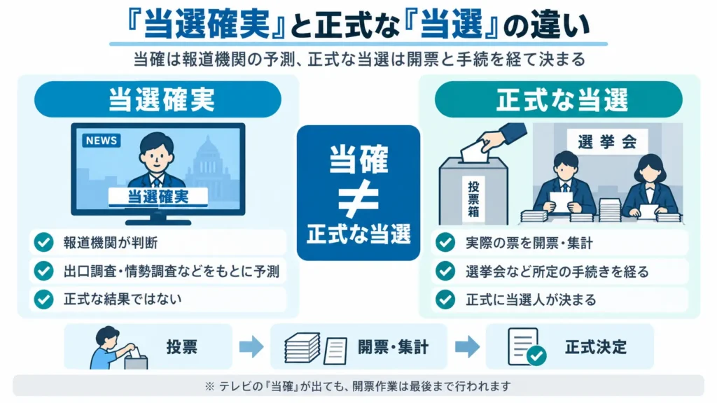 選挙報道の「当選確実」と、開票・集計を経て決まる正式な「当選」の違いを比較した図