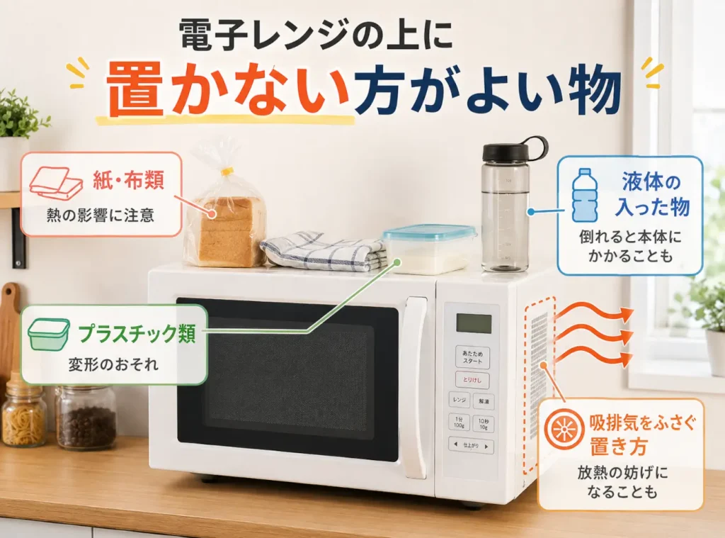 電子レンジの上に置かない方がよい物と、熱・変形・液体・吸排気への影響を示した図解。